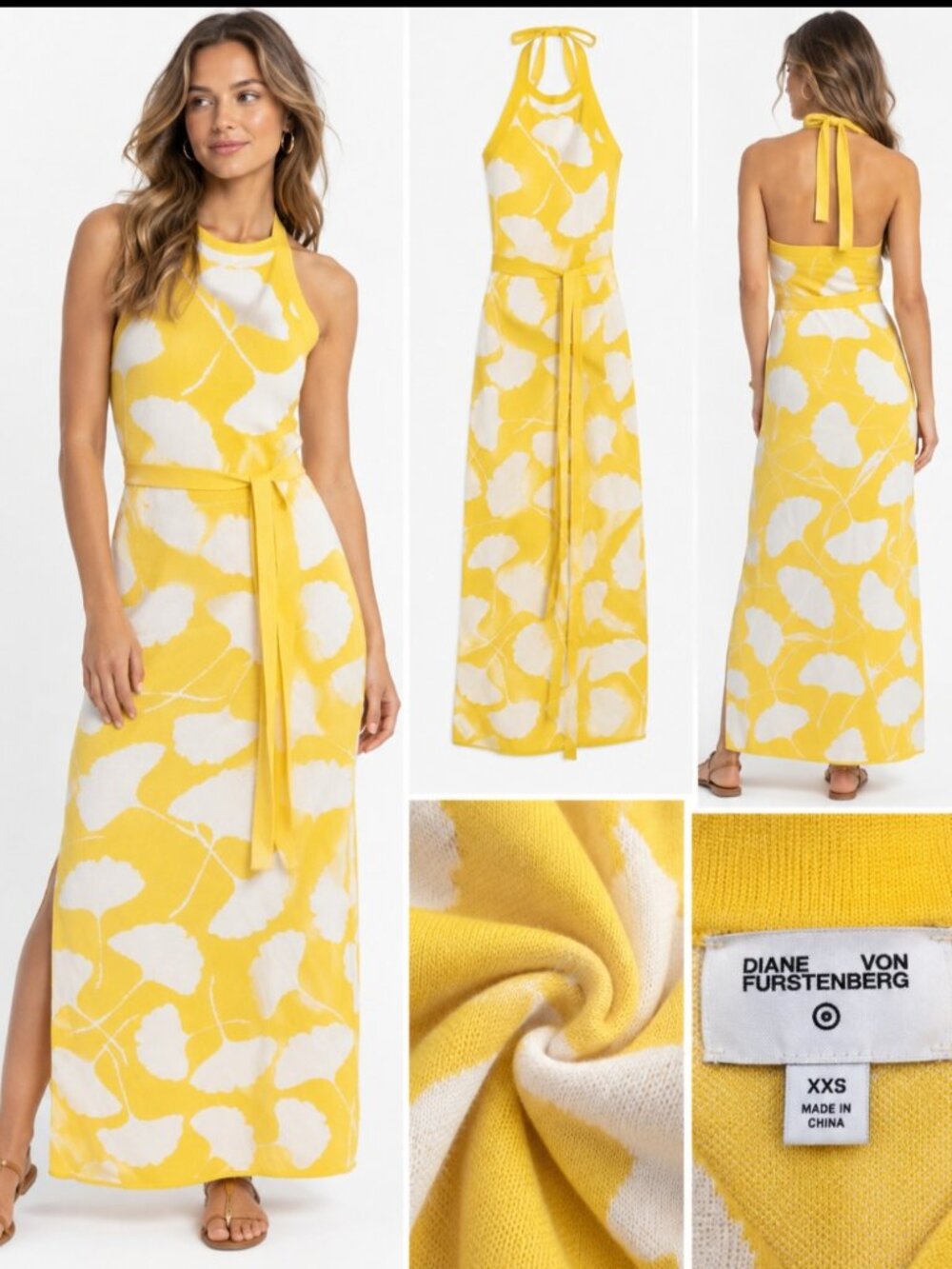 Diane von Furstenberg DVF XXS Yellow Floral Knit Halter Midi Dress Belted